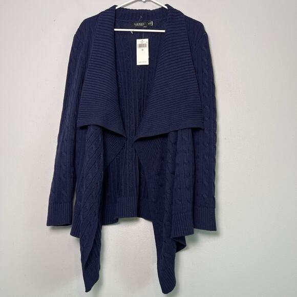 NWT LRL Linen Cotton Cable Knit Cardigan Open Front Plus Sz 1X Navy Blue - Picture 1 of 16